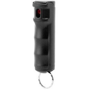 Mace pepper spray in durable black hard case with keyring attachment.