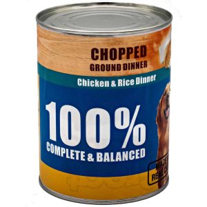 Dog food can labeled "Chopped Ground Dinner" with chicken and rice, 100% complete and balanced.