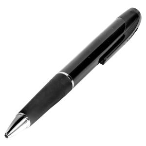 Discreet black pen with built-in hidden camera and DVR for covert recording.