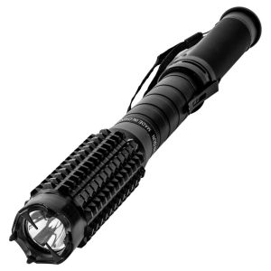 Heavy-duty stun baton with flashlight for self-defense and non-lethal protection.