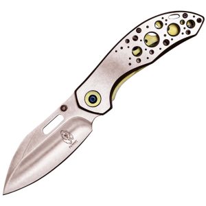 Compact folding pocket knife with gold accents and unique perforated handle design.