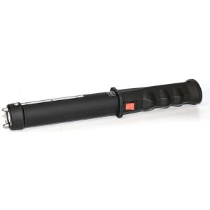Black stun baton for non-lethal self-defense, compact and easy to carry.