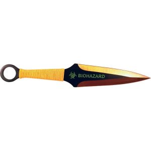 BioHazard-themed black and gold throwing knife for self-defense and training.
