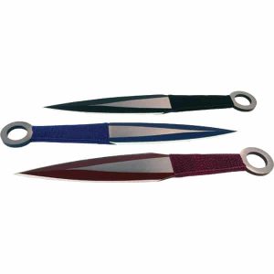 Three colorful throwing knives with ring handles in black, blue, and red.