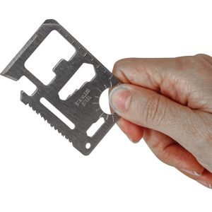 Compact stainless steel multi-tool card for self-defense and survival.