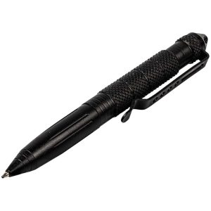 Black tactical twist pen with durable grip and extra refill for self-defense.