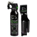 GrizGuard bear spray with holster for self-defense against bears.