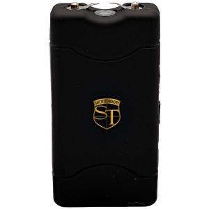 High-voltage stun gun flashlight for self-defense, 80 million volts, compact design.