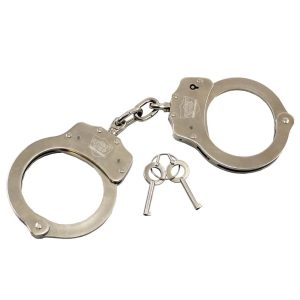 Nickel-plated steel handcuffs with double lock mechanism for secure restraint.
